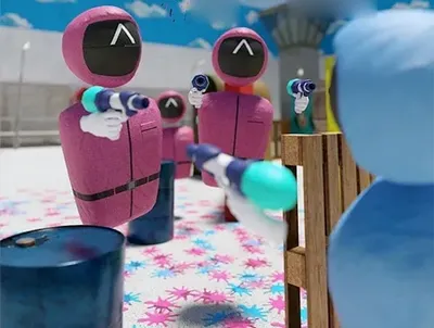 Two pink, character-style figures wearing dark visored helmets aim paint-splatter guns across a rooftop arena