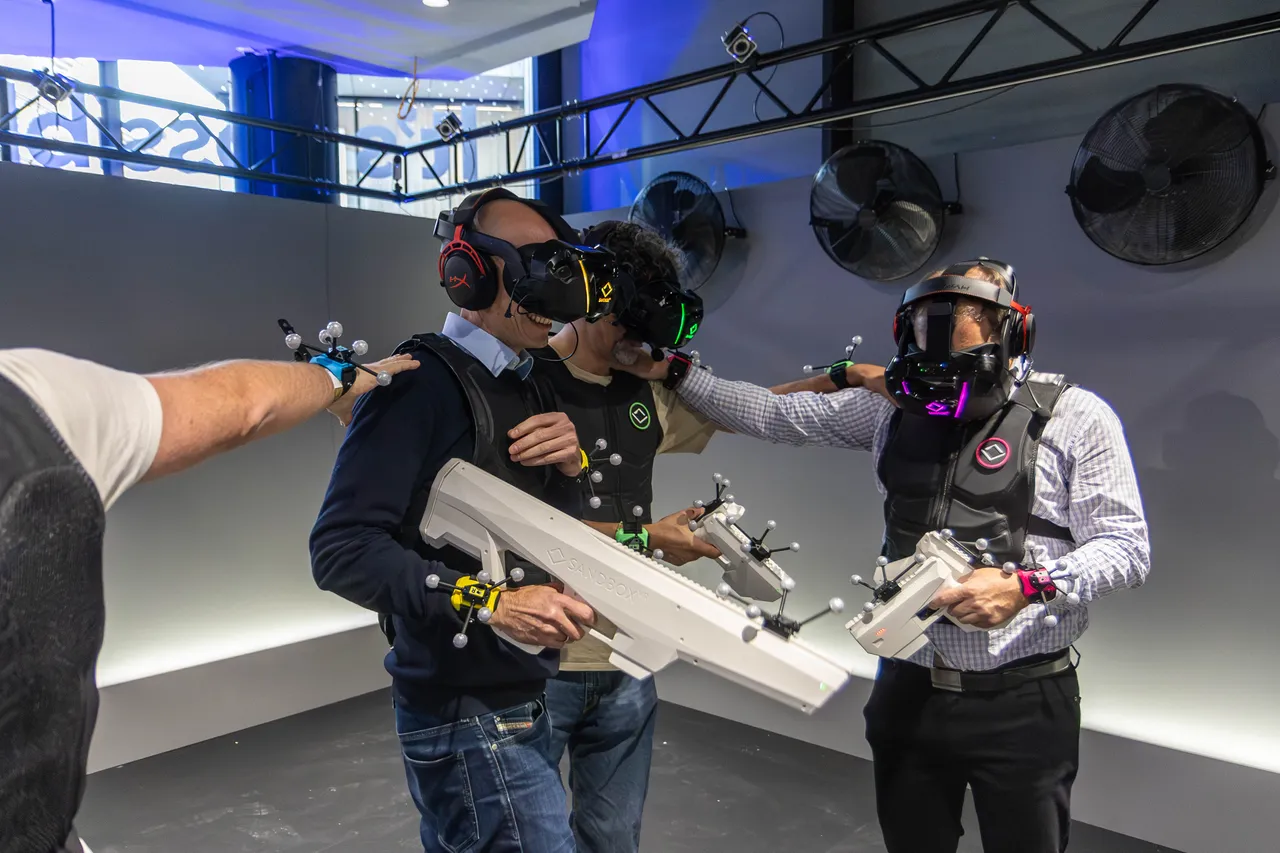 A group of people with VR glasses and guns