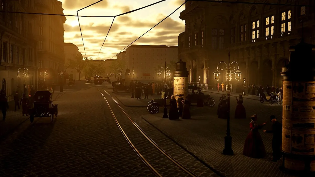 360° VR animation of a historic Vienna street at dusk with horse carriages, a tram, and gas lamps