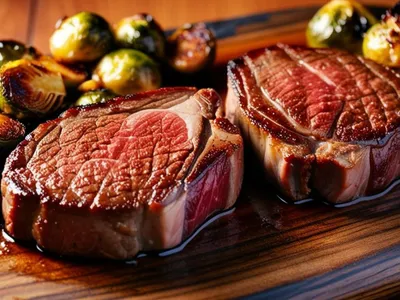 Two thick-cut Wagyu steaks with a seared crust next to roasted Brussels sprouts on a wooden board