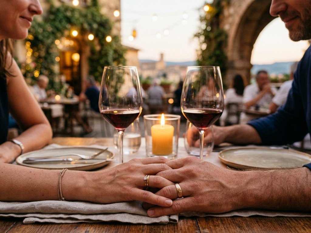 A couple holding hands at a dinner table, showing their wedding rings next to glasses of red wine.