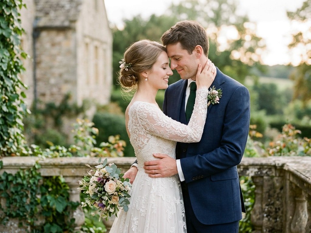 A bride and groom embracing in a beautiful garden, the bride holding a floral bouquet.