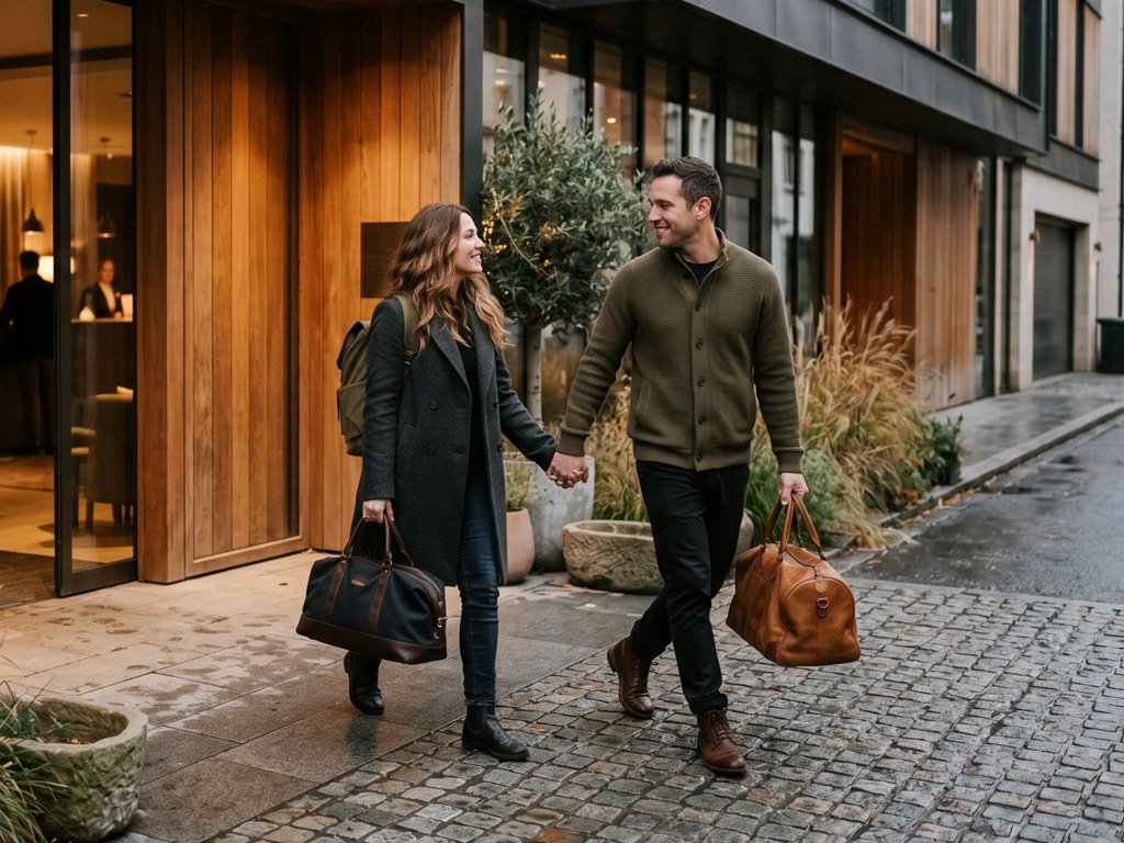 Couple arriving at a stylish boutique hotel entrance
