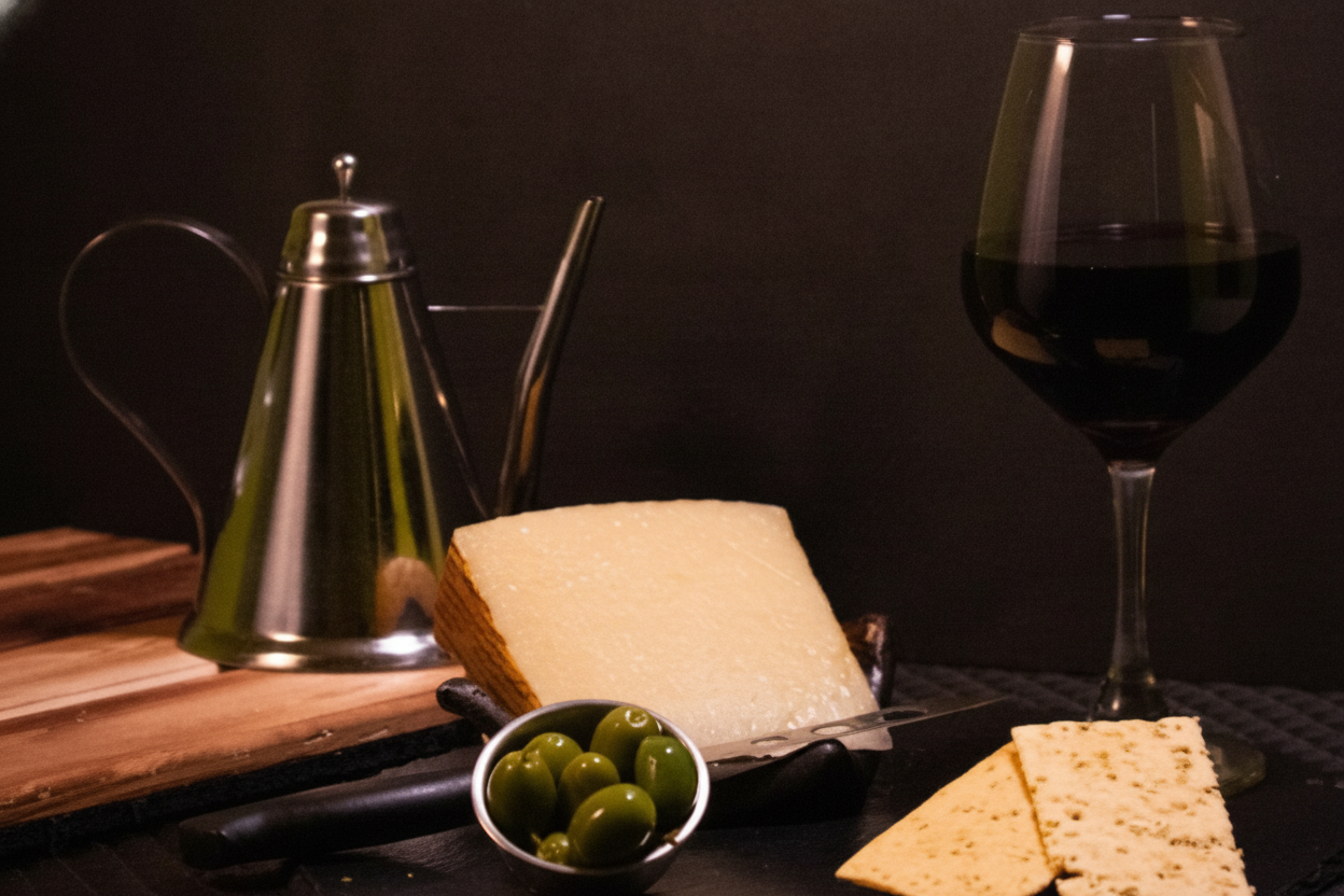 Cheese, a glass of wine, olives and olive oil ready for tasting