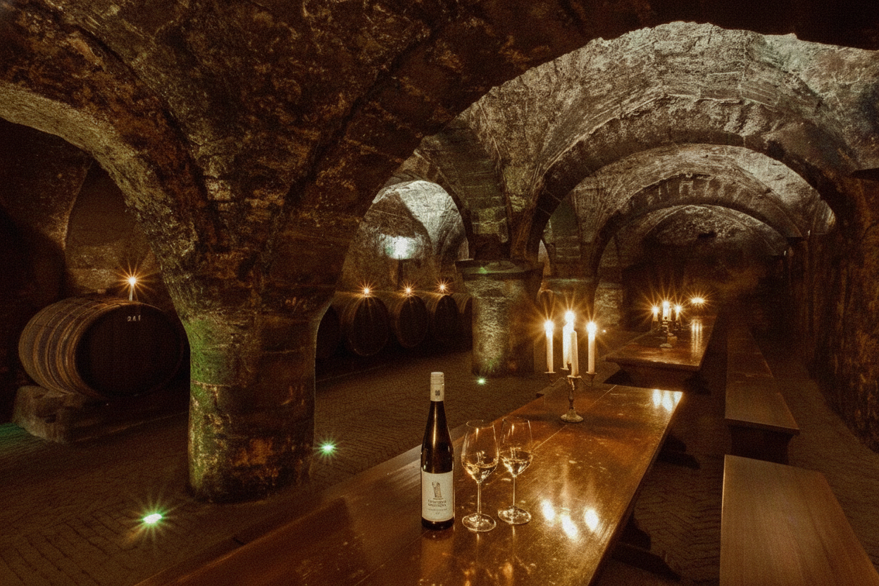 Historic stone wine cellar interior with barrel-vaulted arches, illuminated wooden wine barrels, lit candelabras, and a bottle of wine with filled glasses on a dark table in the foreground.