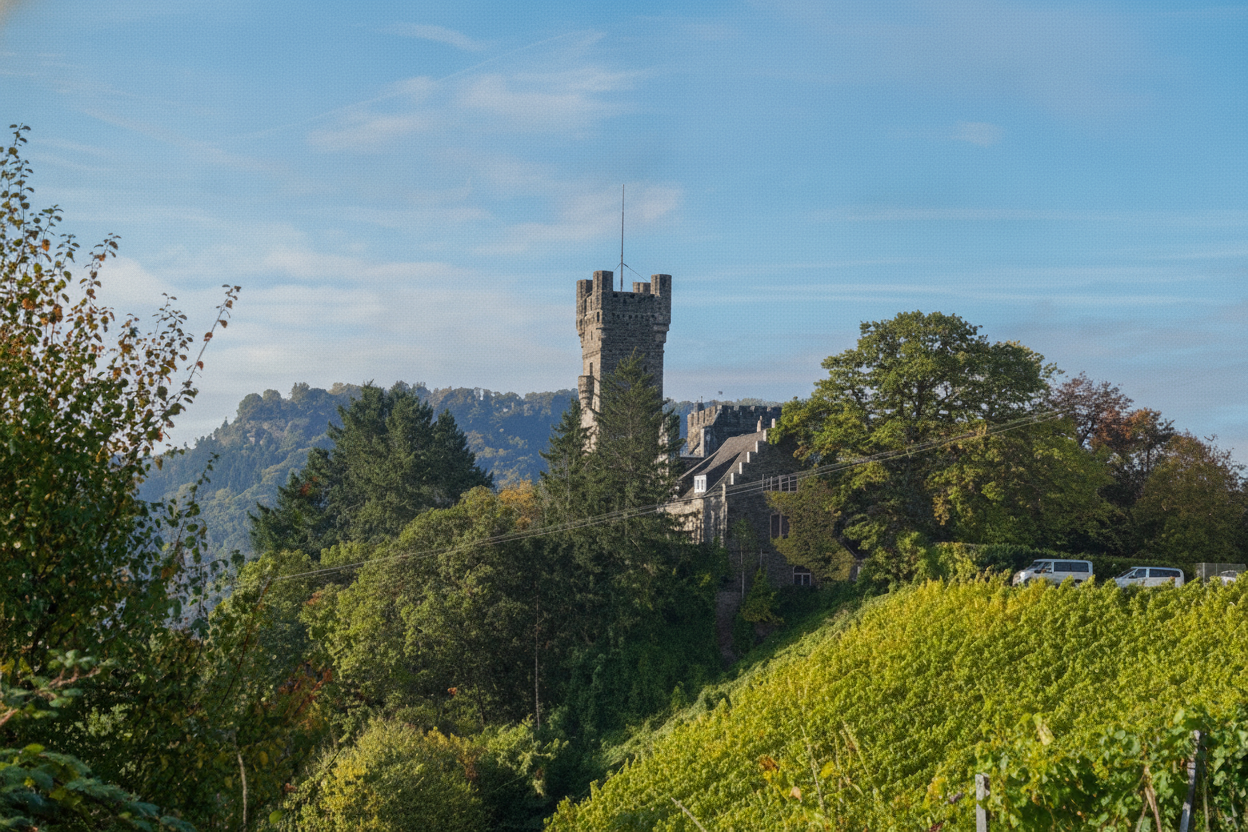 Medieval castle tower with flag rising above terraced vineyard slopes on a hillside during autumn, surrounded by golden-green grapevines and trees under blue sky.