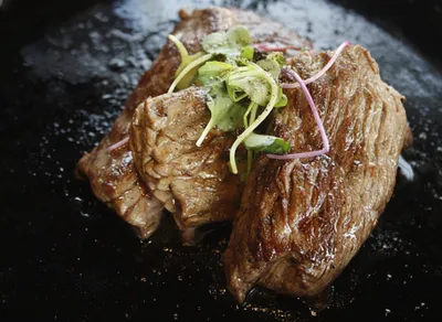 Seared venison medallions topped with fresh microgreens on a black cast-iron plate