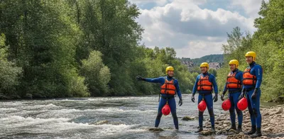 Four people at the river with life vests