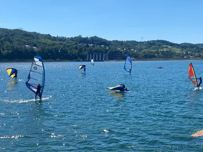 People windsurfing on the water