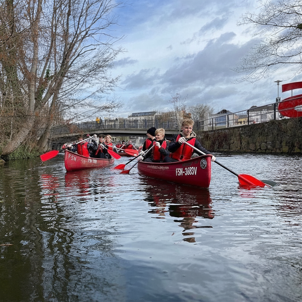 Group of paddlers in red canoes and life jackets on a river in Leipzig with bare winter trees