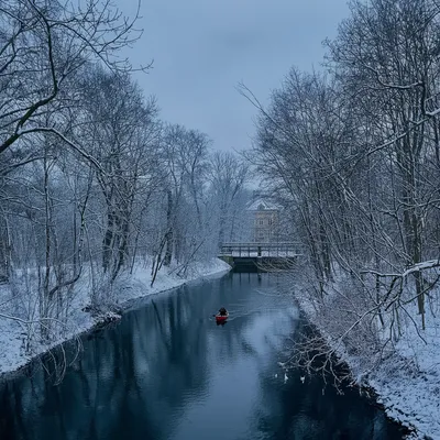Quiet dark waterway framed by snow-covered trees on a winter morning in Leipzig