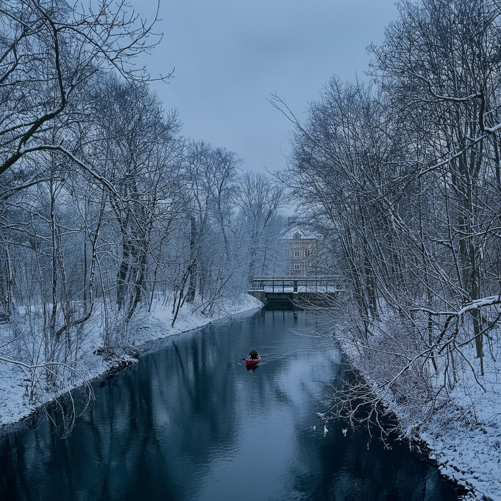 Quiet dark waterway framed by snow-covered trees on a winter morning in Leipzig