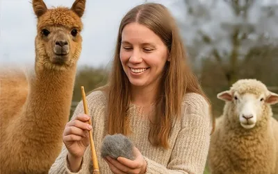 Smiling woman holding a ball of felted wool and a spindle, with an alpaca and a sheep beside her