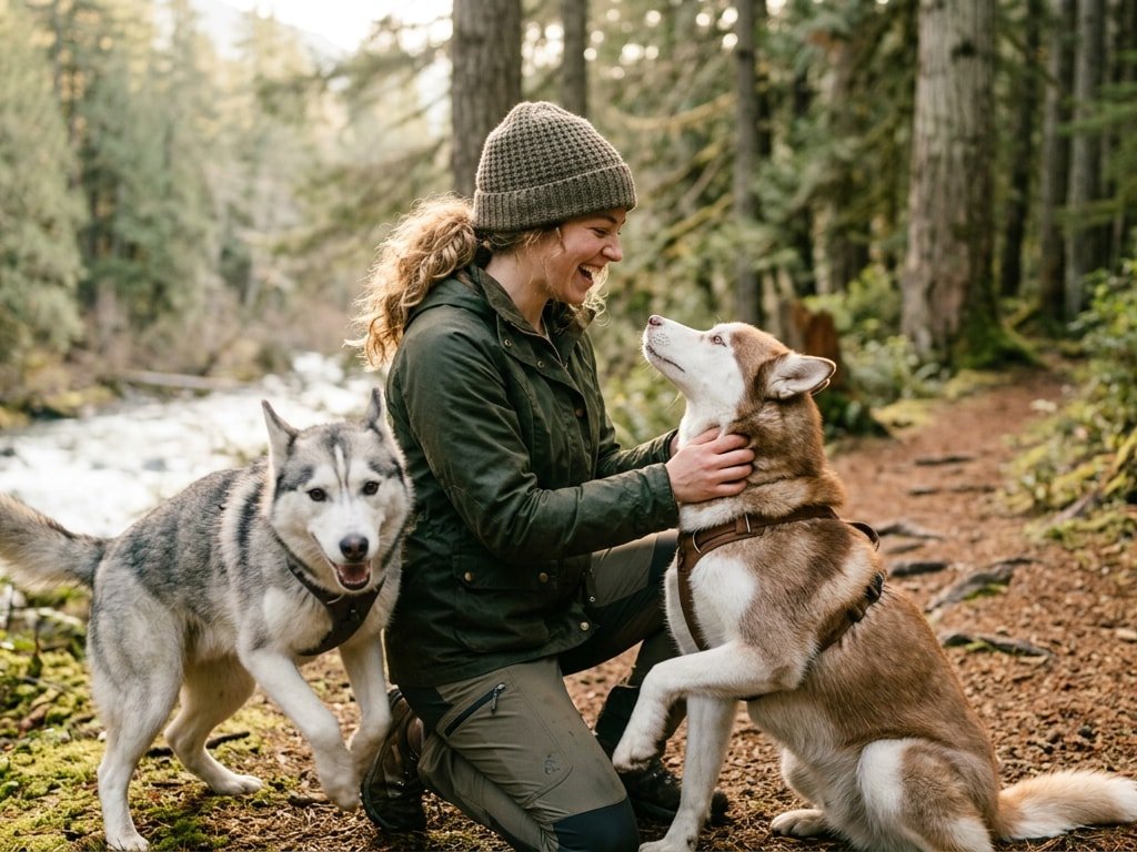 A woman smiling and petting two beautiful huskies in a wooded outdoor area.