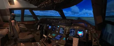 Cockpit of a boing 747-400 flight simulator